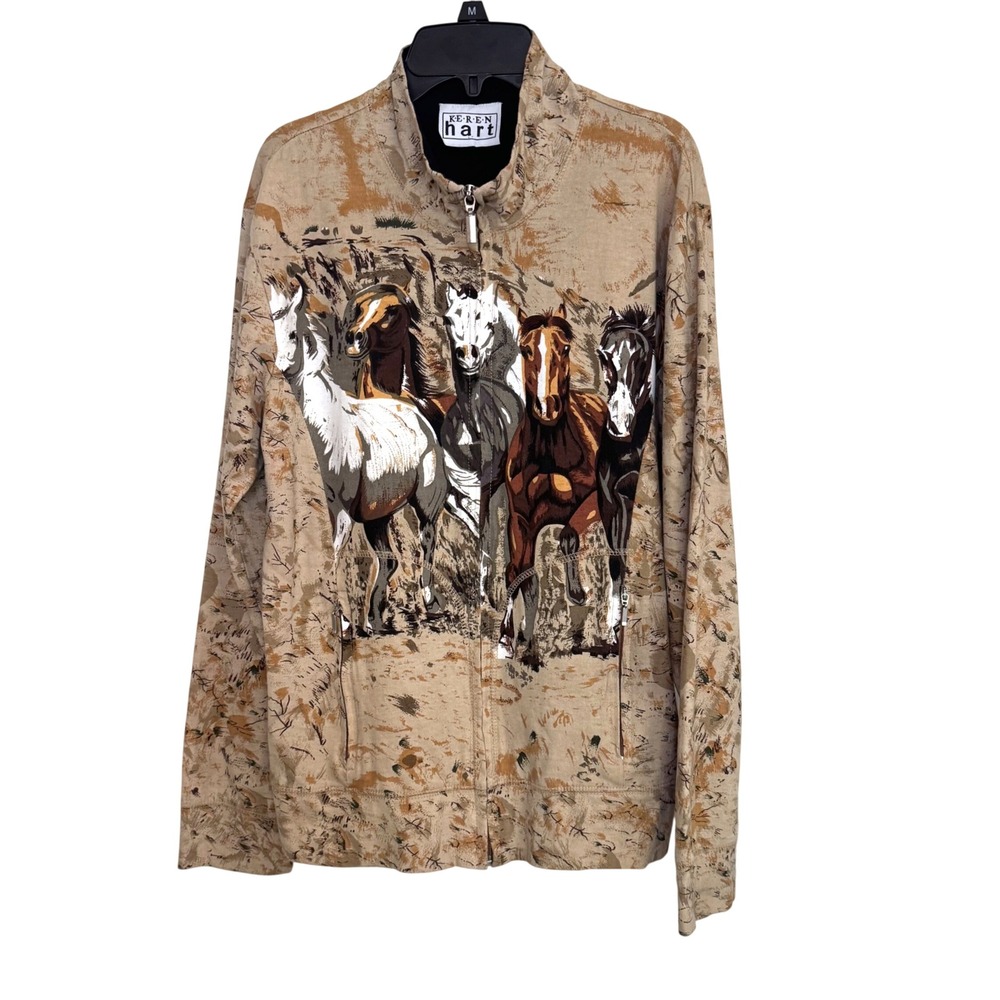 Keren Hart Horse Graphic Jacket Womens Medium Tan Cotton Western Boho Zip Up VTG